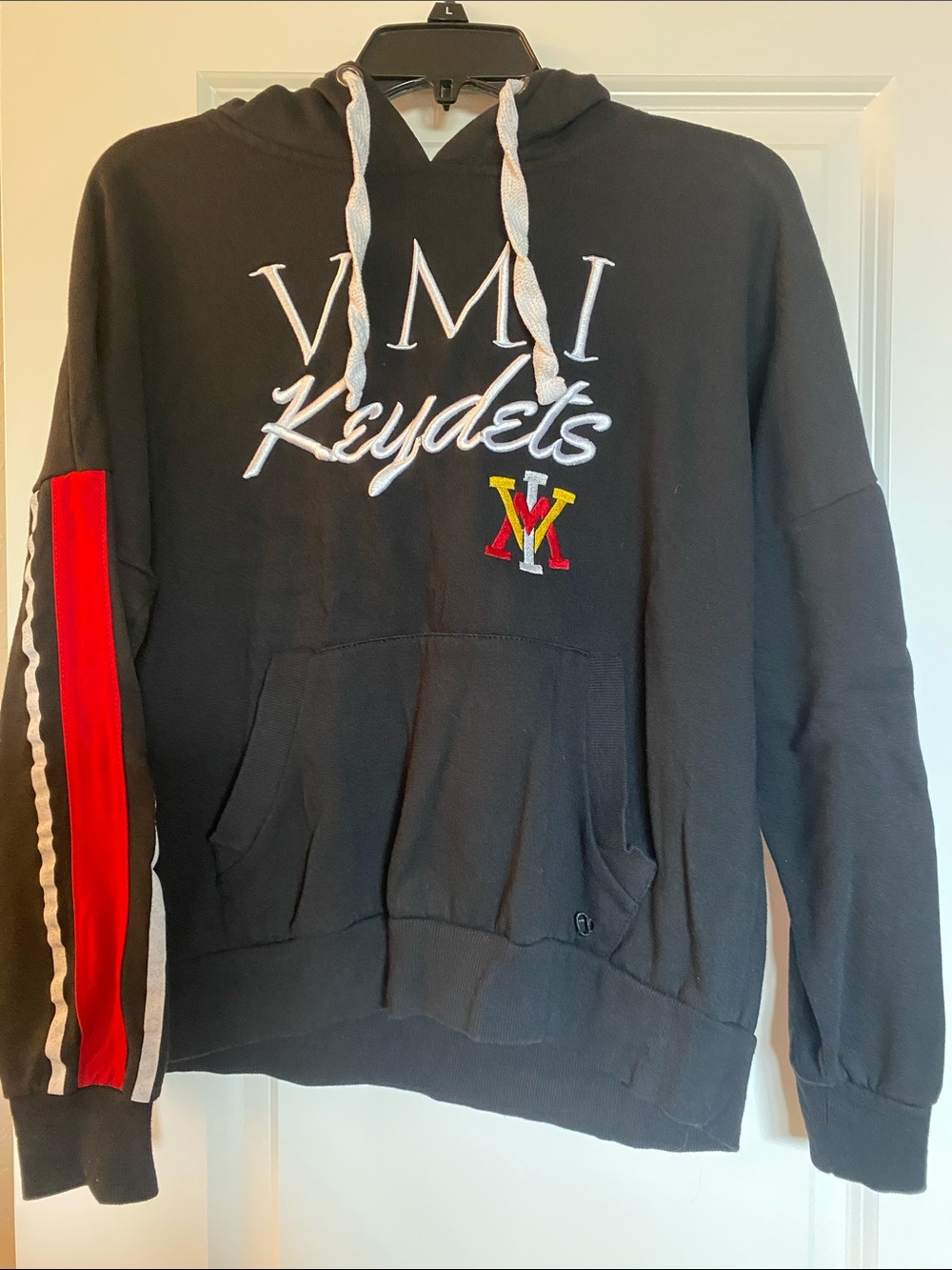 Black VMI Keydets Logo Hoodie with Red Stripe Sleeve